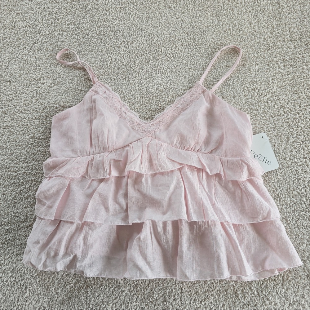 La Peche Ruffle Lace Cropped Camisole Top Fairycore Whimsical Pink Juniors L NWT
